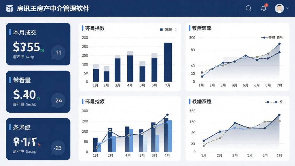展示“房讯王房产中介管理软件”数据报表模块的界面,画面为多个柱状图和折线图,左侧显示关键指标卡片,如“本月成交”“带看量”,整体配色以深蓝和白色为主,商务风格,布局清晰,画质细腻,无多余元素