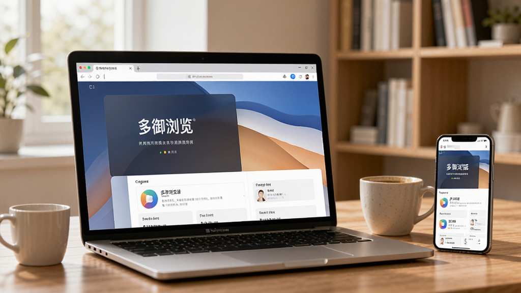 多御浏览器使用场景图,一台笔记本电脑上显示多御浏览器界面,旁边放着一杯咖啡和手机,手机屏幕也显示多御浏览器,背景为明亮的书房,整体风格温馨实用,画质清晰干净