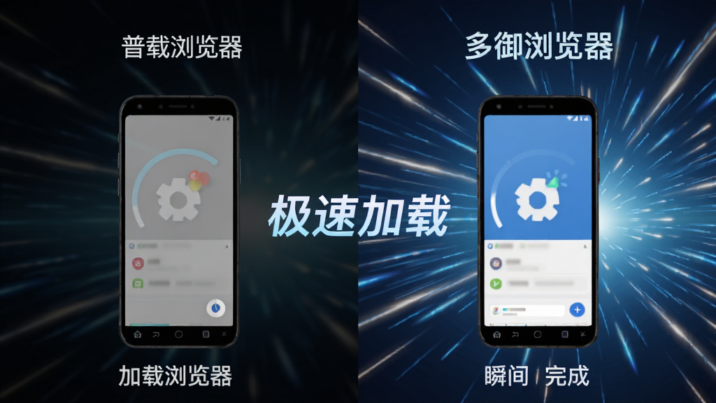 多御浏览器速度对比示意图,左侧为普通浏览器加载进度缓慢,右侧为多御浏览器瞬间加载完成,背景为动态速度线条与光效,文字标注“极速加载”,画面动感科技感强,干净无多余元素