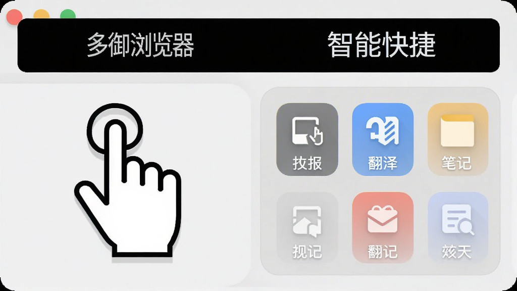 多御浏览器工具栏展开效果图,左侧为鼠标手势示意,右侧为快捷工具图标排列,包括截图、翻译、笔记等,背景为浅灰色工作台,界面简洁明快,文字标注“智能快捷”,画质干净