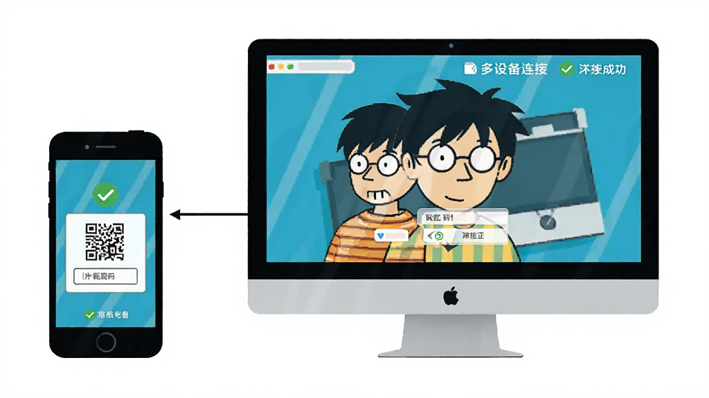 展示几米-看软件的多设备连接示意图,主体为手机与电脑屏幕镜像同步,布局左右对称,风格扁平化插画,细节包括配对码输入框和连接成功状态,画质清晰,干净背景