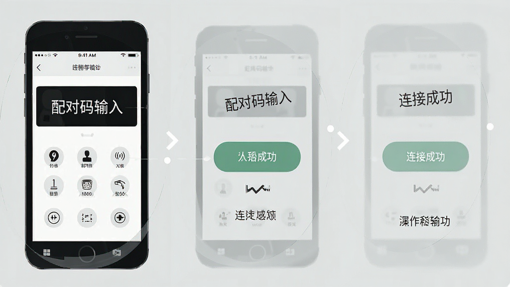几米-看操作教程演示图,主体为手机界面显示控制面板,背景为浅灰色,布局步骤式展示,风格扁平干净,文字标注“配对码输入”“连接成功”等,高清画质