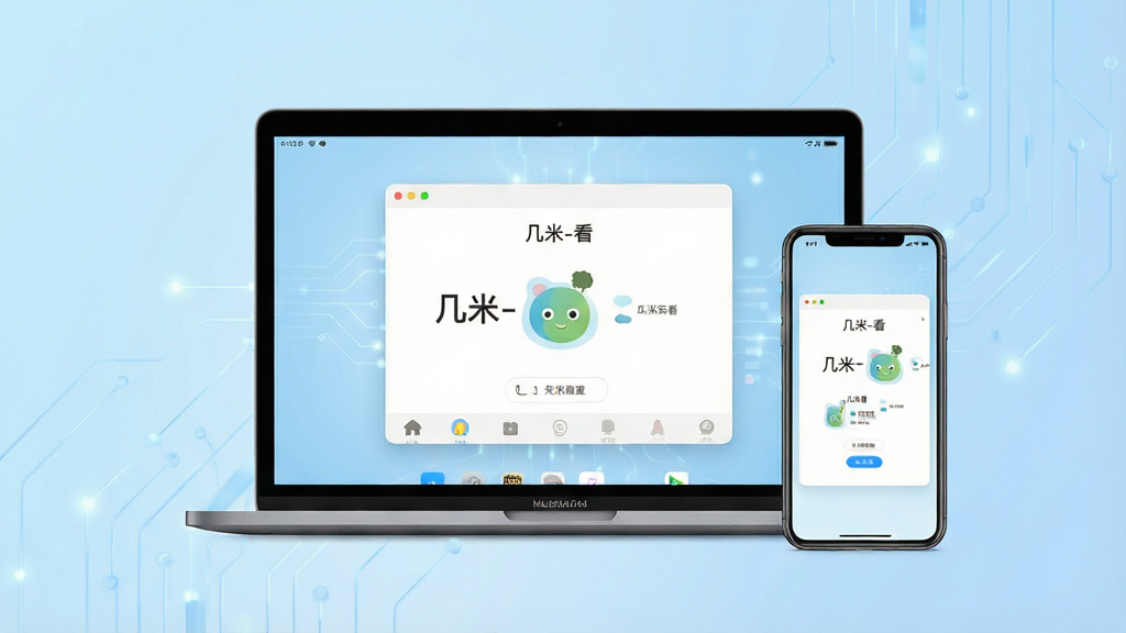一张现代简约风格的软件介绍主视觉图,主体为笔记本电脑和手机并排显示,屏幕中呈现“几米-看”连接界面,背景为浅蓝色渐变,布局居中,排版清爽,科技感,高细节,8K画质,干净无多余元素