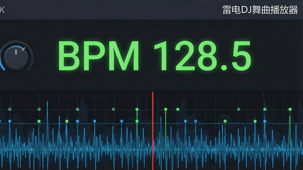 主体:一个放大的软件界面局部特写,中央显示“BPM 128.5”的荧光绿数字,下方是跳动的波形网格线,一条红色竖线正对齐网格。布局:波形占据画面下半部分,数字居中偏上,左侧有微调旋钮图标。排版:数字采用大号无衬线字体,波形线条细腻清晰,界面深灰色背景。风格:扁平化结合微光效,科技蓝与荧光绿配色。细节:波形上有一排小圆点标记节拍,右上角显示“雷电DJ舞曲播放器”水印。画质:4K超清,干净无多余元素。