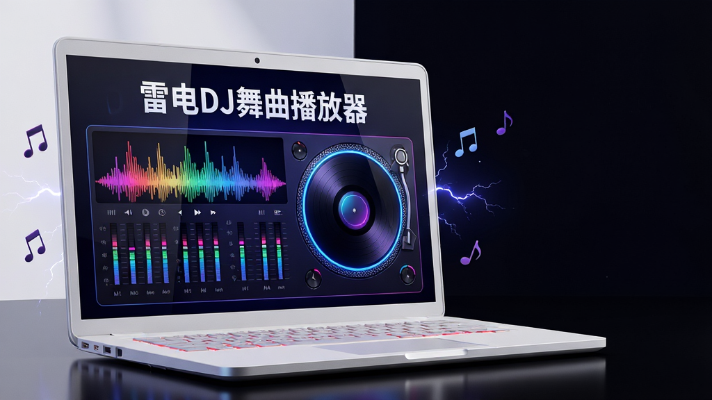 主体:一台银白色笔记本电脑屏幕中显示雷电DJ舞曲播放器主界面,界面中央是彩色波形频谱与两个圆形唱片转盘,转盘边缘有蓝色光晕。布局:电脑居中偏左,右侧留出深色背景空间,屏幕内容清晰占画面70%。排版:电脑屏幕为视觉焦点,界面中“雷电DJ舞曲播放器”白色艺术字置于顶部,下方排列均衡的均衡器条。风格:科技感、暗色背景搭配霓虹蓝紫色灯光,金属质感。细节:屏幕反射出细微光线,键盘上有淡淡的红色背光,周围悬浮少量音符与电流粒子。画质:8K超清,干净无多余元素。