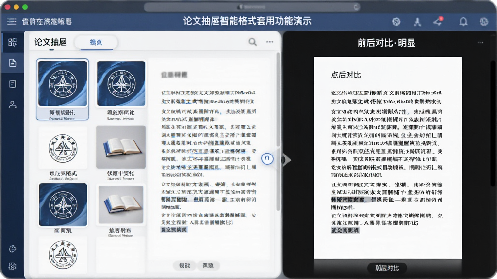 论文抽屉智能格式套用功能演示,界面展示多所高校模板列表,点击后正文样式即时变化,前后对比效果明显,风格简约专业,画质清晰,干净无多余元素