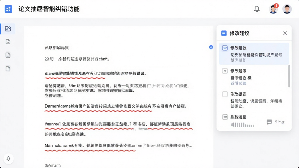 论文抽屉智能纠错功能界面,文档中错误处用红色波浪线标出,右侧弹出修改建议面板,整体界面简洁明快,高清画质,干净无多余元素