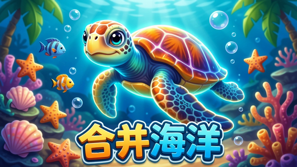 画面中央展示一片色彩斑斓的热带海底世界,主体为一只发光的巨型海龟,周围环绕着贝壳、海星、珊瑚和气泡,下方有“合并海洋”字样的游戏标题,整体采用明亮清新的卡通风格,高分辨率渲染,细节丰富,画面干净无多余元素。