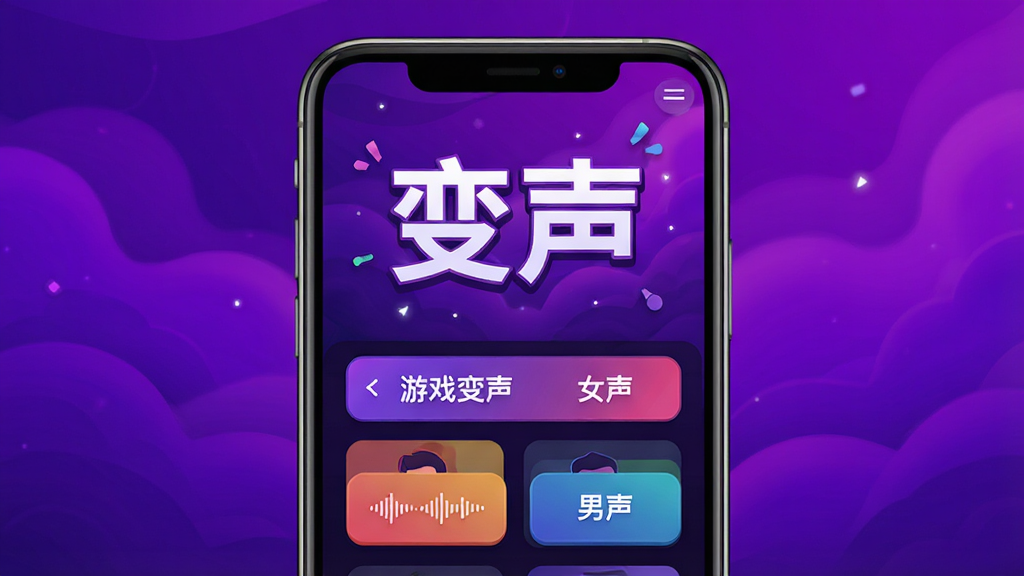 变声器软件主界面,展示多种音效选择列表,背景为炫酷渐变紫色,中央突出“变声”二字,手机屏幕内显示“游戏变声”“女声”“男声”等按钮,整体布局简洁现代,插画风格,细节丰富,画质高清,干净无多余元素