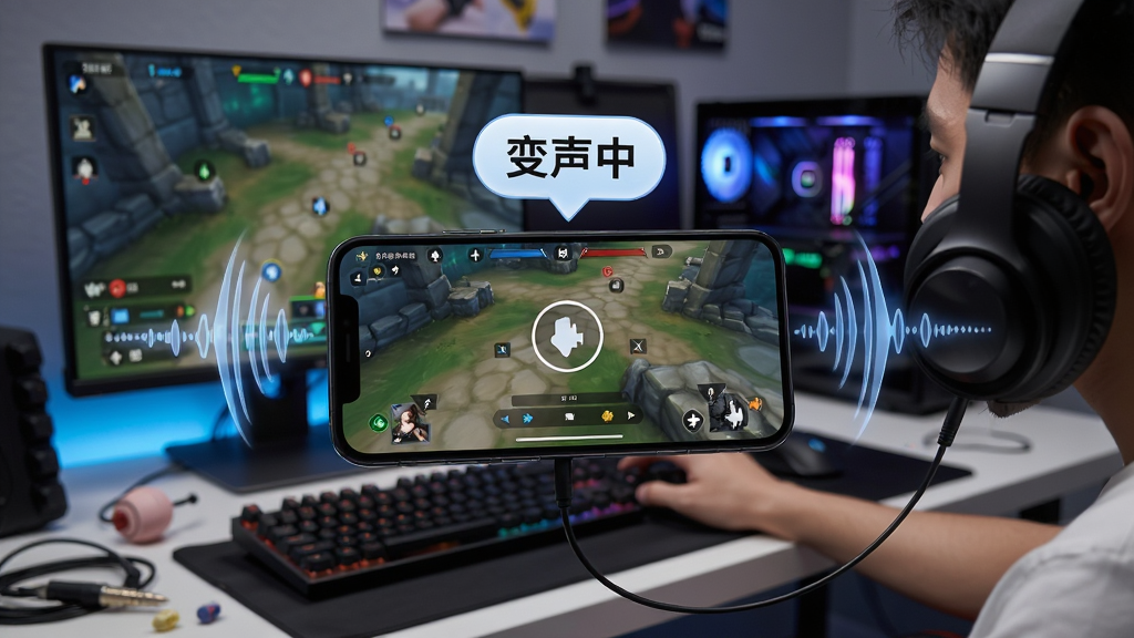 变声器实时变声场景,手机连接耳机,屏幕显示游戏对战画面,气泡文字“变声中”,音波动态特效环绕,背景为电竞房,写实风格,布局饱满,细节丰富,画质清晰,无多余元素