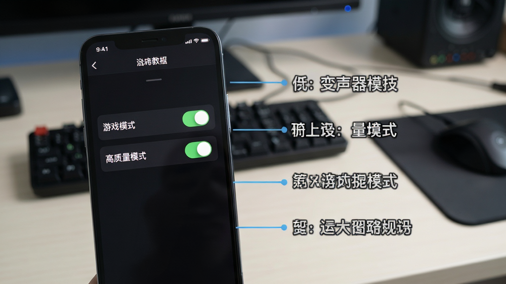 变声器使用教程示意图,手机屏幕显示设置界面,包含“游戏模式”“高质量模式”开关,旁边有步骤文字,背景为操作台,风格写实,布局清晰,画质干净,无多余元素