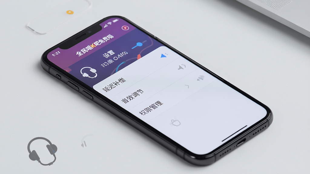 画面主体为一部手机正在运行全民唱K吧免费唱APP,屏幕显示设置菜单,有“延迟补偿”“音效调节”“权限管理”等选项,背景为简洁的浅灰色桌面,布局为手机居中偏左,排版清晰,风格实用主义,细节包括耳机图标、网络信号、存储空间提示,画质高清干净,无多余元素