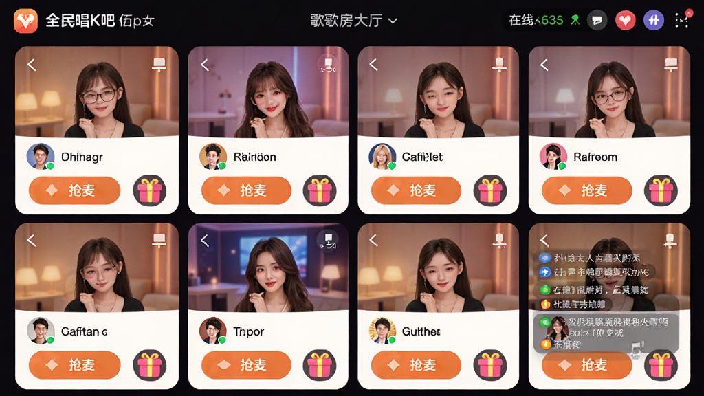 图片主体为全民唱K吧免费唱APP的歌房大厅界面,屏幕上显示多个虚拟房间卡片,每个房间有房主头像和歌曲名,下方有抢麦按钮和礼物图标,布局为网格排列,风格活泼温馨,细节包括在线人数、连麦状态、弹幕消息,画质清晰干净,无多余元素