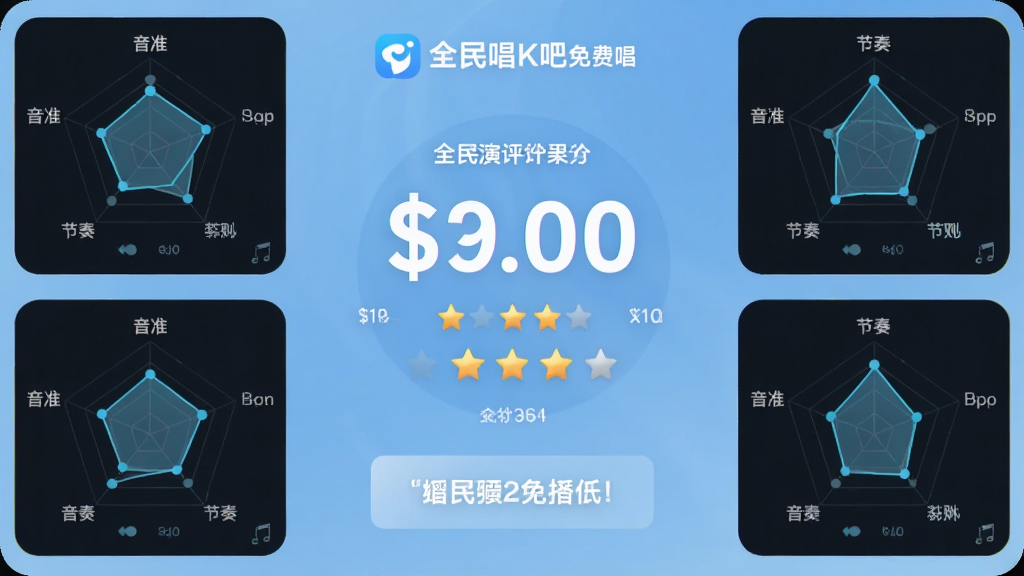 画面主体为全民唱K吧免费唱APP的演唱评分结果页,屏幕中央显示大大的分数和星级评价,周围有各项评分雷达图,背景为浅蓝色渐变,布局居中对称,排版简洁科技感,细节包括音准曲线、节奏提示、鼓励语,画质高清干净,无多余元素