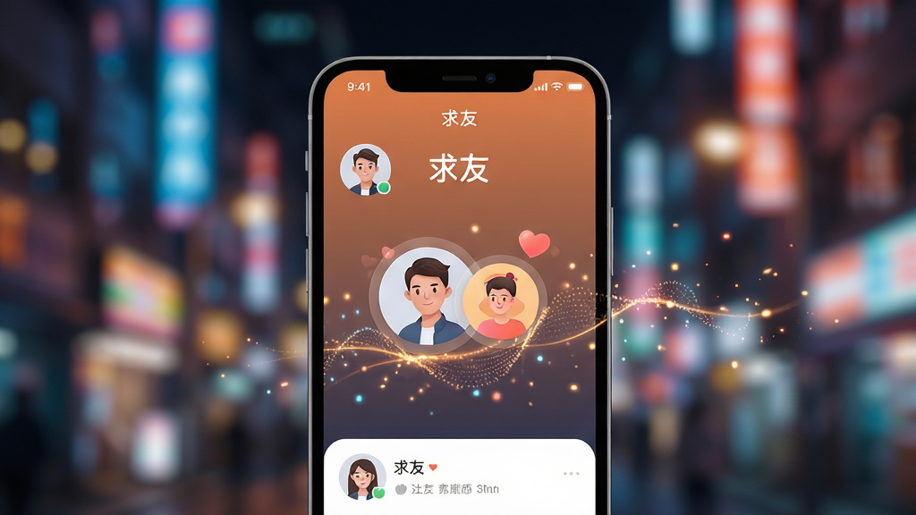 主体为一部亮着屏幕的智能手机,屏幕中显示“求友”社交应用的界面,界面风格现代简洁。布局为手机居中,背景是模糊的都市夜景,霓虹灯光斑驳。排版上,手机屏幕内容清晰可见,展示着用户头像和匹配成功的动画。风格为高清数字渲染,科技感与温暖感并存。细节包括屏幕上的“求友”字样和流动的光线粒子效果。画质细腻干净,无多余元素。