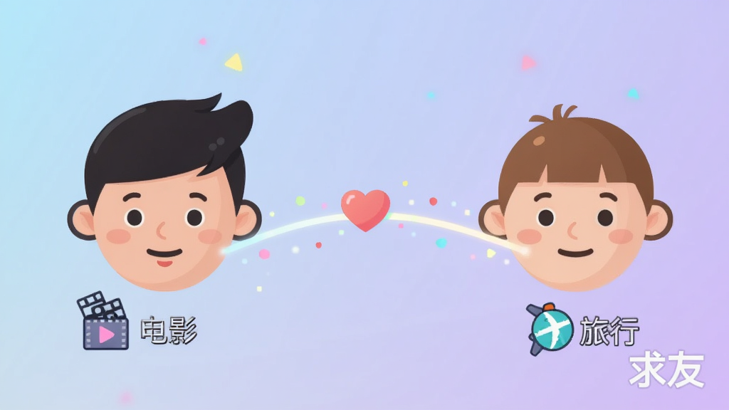 画面主体为两个简约的卡通人物头像,通过一条发光的线条连接,线条中间有一个心形图标。布局为左右对称,左侧头像旁有“电影”图标,右侧有“旅行”图标。背景是柔和的渐变色,从淡蓝到淡紫。排版简洁大方,突出“求友”的匹配概念。风格为扁平化插画风格,色彩明快。细节包括连接线上的小光点流动,以及“求友”Logo水印。画质干净清晰,无多余元素。
