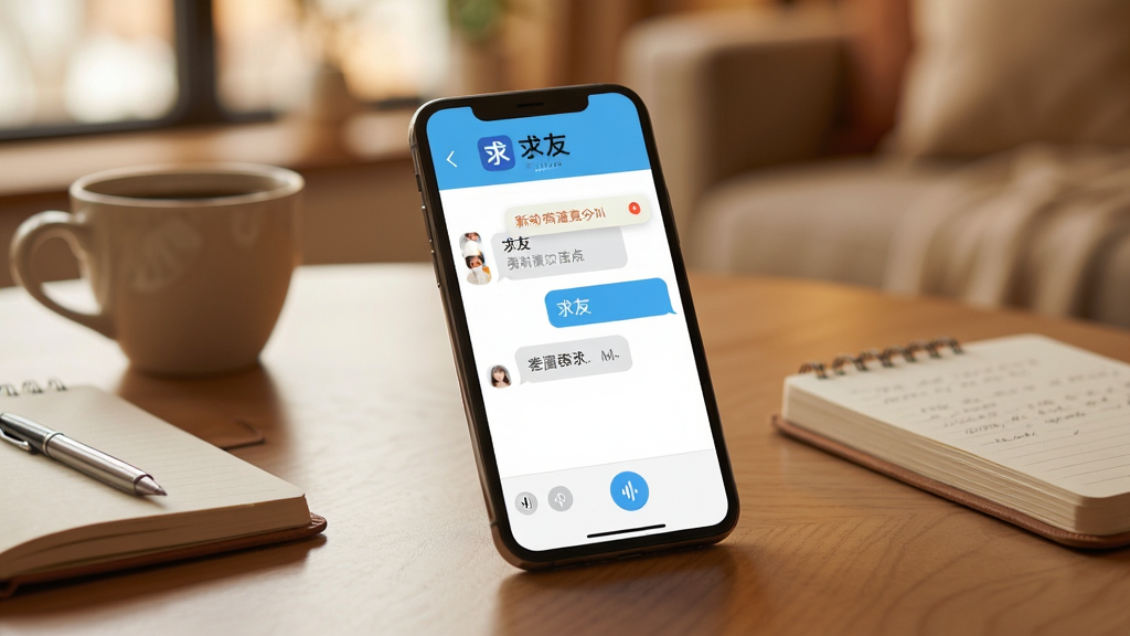 主体为一部手机平放在桌面上,屏幕显示“求友”应用的聊天界面,背景为温馨的室内环境。布局为手机占据画面中央,周围有咖啡杯和笔记本。排版上,手机屏幕清晰展示对话气泡和语音输入按钮。风格为写实生活场景摄影风格,光线柔和。细节包括屏幕上的“求友”Logo和一条新消息通知。画质高清,干净无多余元素。