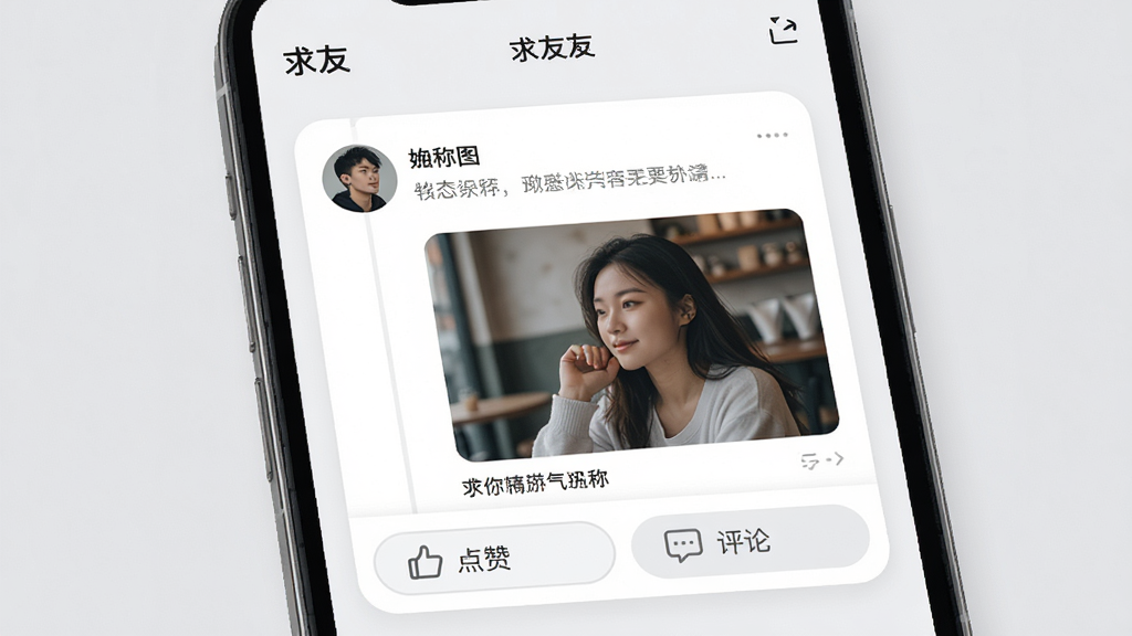 主体为手机截图样式的展示图,呈现“求友”应用内的动态广场界面。布局为上下结构,上方是用户发布的图文动态,下方是点赞和评论按钮。背景为浅灰色,突出内容。排版上,动态卡片圆角设计,包含用户头像、昵称和图片。风格为写实的UI界面截图风格,高清展示。细节包括动态文字内容和“求友”应用名称。画质清晰,干净无多余元素。