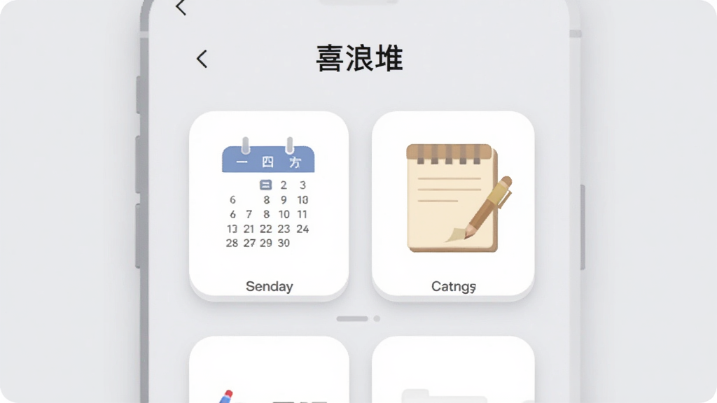 展示“喜浪堆”应用的工具页面,屏幕上显示日历与记事本图标,界面采用卡片式布局,背景为浅灰色,风格简约商务,排版整齐,细节包括圆角边框与阴影,画质干净无多余元素