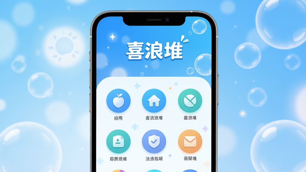画面中央展示一款名为“喜浪堆”的手机应用界面,整体风格清新活泼,主色调为明快的蓝白渐变,界面顶部有“喜浪堆”字样LOGO,下方排列着圆形功能图标,背景为柔和的光斑与气泡,布局居中,排版简洁,风格扁平化,细节精致,画质高清干净无多余元素