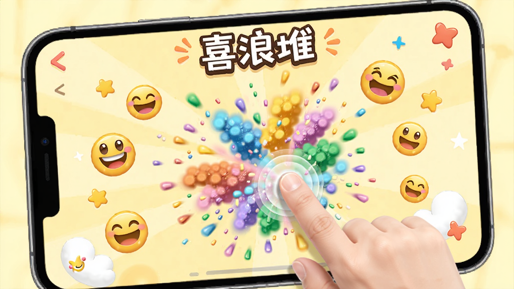 展示“喜浪堆”应用内的趣味互动界面,手指点击屏幕触发彩色粒子爆炸效果,周围有笑脸表情图标,界面背景为淡黄色,布局活泼,排版错落有致,风格卡通化,细节丰富,画质清晰干净