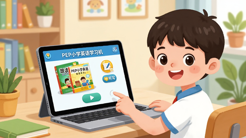 画面主体为一个小学生坐在书桌前,桌上放着一台平板电脑或笔记本电脑,屏幕上显示“PEP小学英语学习机”的界面,界面中有彩色课本封面和播放按钮。布局采用正面视角,孩子面带微笑,手指轻触屏幕。整体风格卡通可爱,色彩明亮清新,背景是温馨的儿童书房,有书架和绿植。细节上突出屏幕上的“跟读”和“听写”图标,画质高清干净,无多余元素。