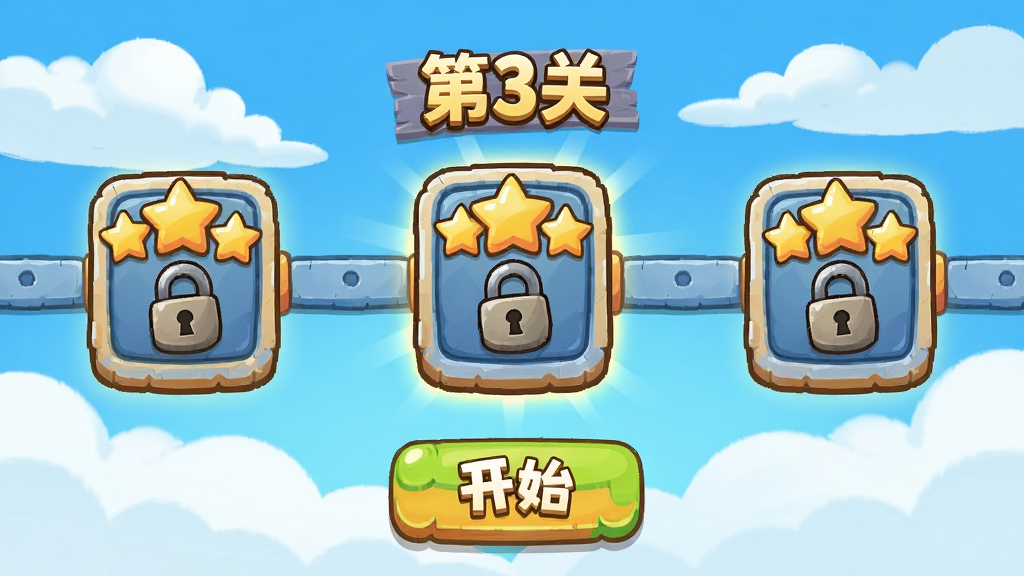 画面主体为闯关地图界面,有多个卡通关卡节点,每个节点上有星星和锁。布局为横向卷轴式,背景为蓝天白云,风格卡通。细节上突出“第3关”和“开始”按钮,画质明亮,无多余元素。