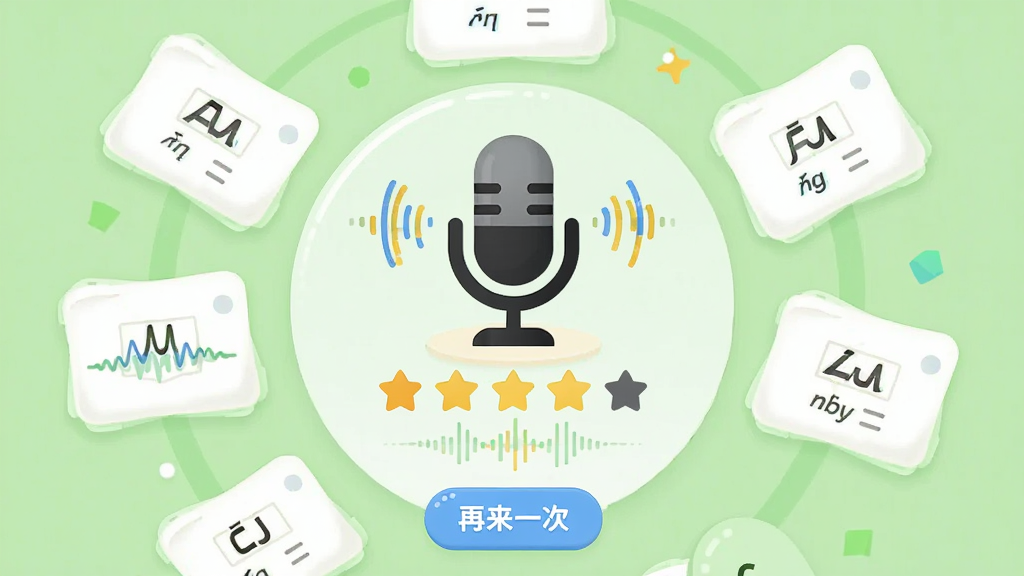 画面主体为口语评测界面,显示一个大麦克风图标和评分星星,周围有音标卡片。布局为圆形中心对称,背景为淡绿色,风格活泼。细节上展示发音波形和“再来一次”按钮,画质干净,无多余元素。