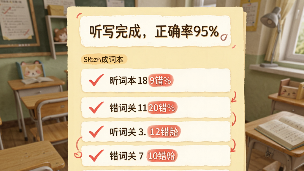 画面主体为一个听写完成后的成绩单界面,显示“听写完成,正确率95%”字样,下方列出错词本列表。布局为竖向卡片式,背景为淡黄色,风格温馨。细节上突出红色的对勾和错词高亮,画质清晰,无多余元素。