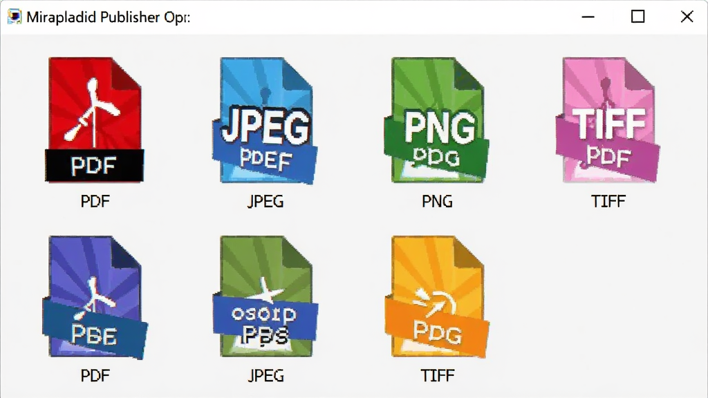 一张展示Miraplacid Publisher转换格式选项的界面截图,界面中列出PDF、JPEG、PNG、TIFF等格式图标,每个图标下方有对应格式名称,背景为浅灰色,图标色彩鲜艳,布局整齐,画质干净,突出多格式支持特点。