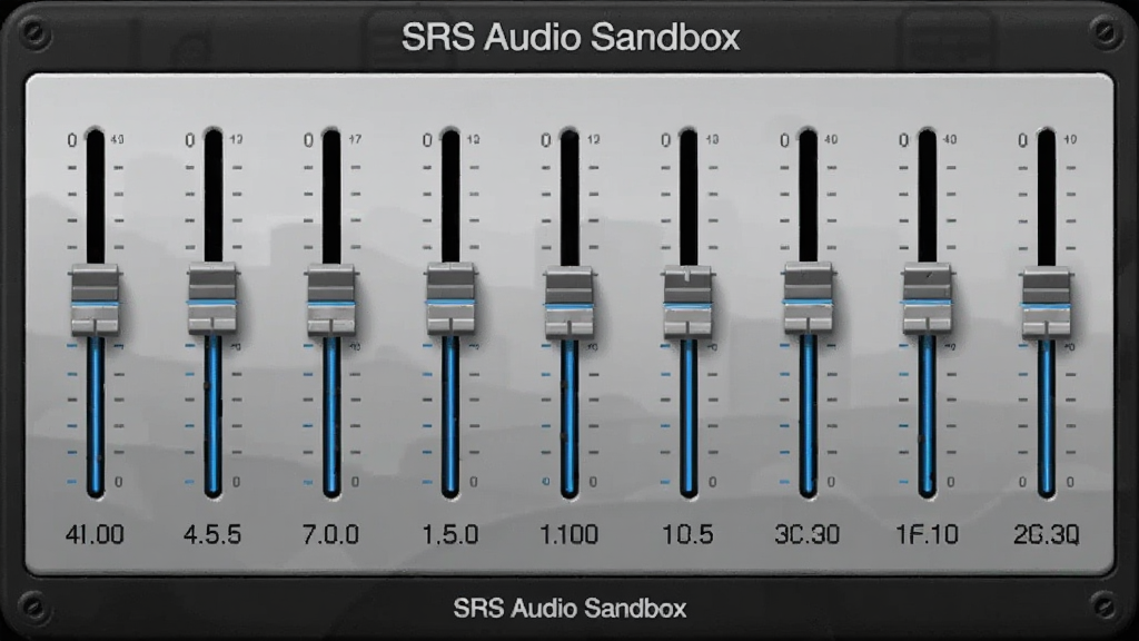 一幅展示SRS Audio Sandbox均衡器调节界面的图片,界面中分布着10个滑块,每个滑块下方标注频率数值,背景为深灰色科技面板,整体风格简洁,画质清晰,文字标注