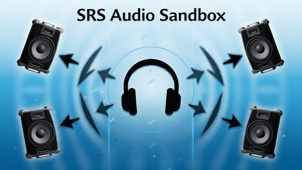 一幅展示SRS Audio Sandbox环绕声场效果的示意图,画面中央是一个耳机图标,周围环绕着多个扬声器图标,箭头表示声波向四周扩散,背景为渐变蓝色科技感,画质干净清晰,文字标注