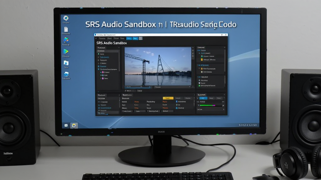 一幅展示电脑桌面运行SRS Audio Sandbox软件的实拍照片,屏幕中央显示软件主界面,周围有音箱和耳机等设备,背景为简洁的书桌环境,画质清晰,干净无多余元素,文字标注