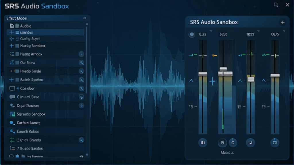 一幅展示SRS Audio Sandbox软件主界面的高清截图,界面布局清晰,左侧为音效模式列表,右侧为均衡器调节面板,整体色调为深蓝色科技感风格,背景有抽象的音频波形图,画质清晰,干净无多余元素,文字标注