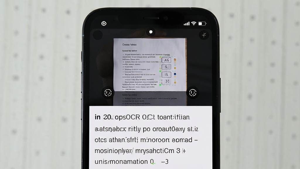 展示免费智能手机扫的OCR文字识别功能,主体是手机屏幕截图,界面上方是扫描的文档图片,下方是识别出的文字内容,布局上下结构,风格简洁清晰,细节体现文字识别准确,画质高清,无多余元素