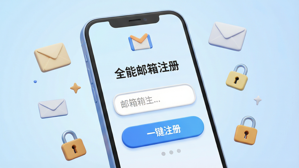 一幅现代感十足的3D渲染场景,主体是智能手机屏幕中显示“全能邮箱注册”的APP界面,界面布局清晰,顶部有品牌Logo,中部是邮箱输入框和“一键注册”按钮,背景为淡蓝色渐变,周围漂浮着信封和锁形图标,风格简洁明亮,细节丰富,画质干净,无多余元素