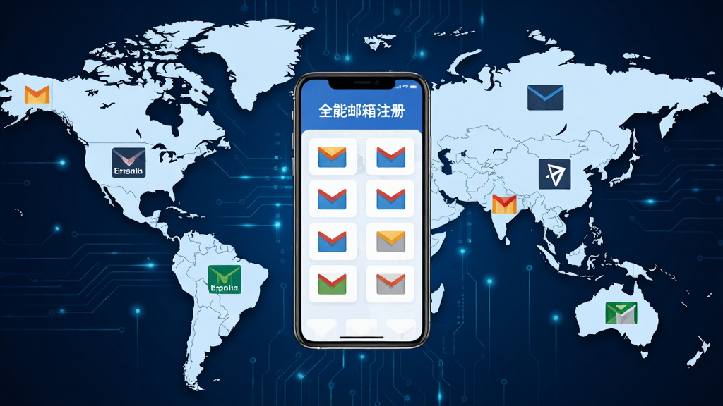 主体为一张世界地图,地图上分散着多个邮箱品牌Logo,中心位置有一部手机,手机屏幕显示“全能邮箱注册”应用界面,布局为网格状邮箱图标,背景为深蓝色科技感风格,细节丰富,画质干净,无多余元素