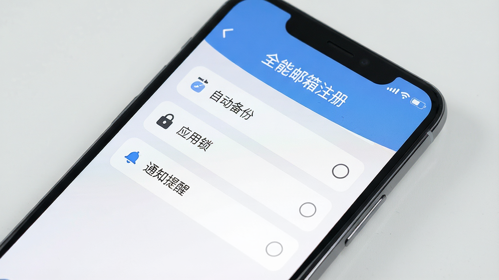 主体为一部手机,屏幕显示“全能邮箱注册”的设置界面,包含“自动备份”、“应用锁”、“通知提醒”等选项,背景为浅灰色,风格简约,细节清晰,画质干净,无多余元素