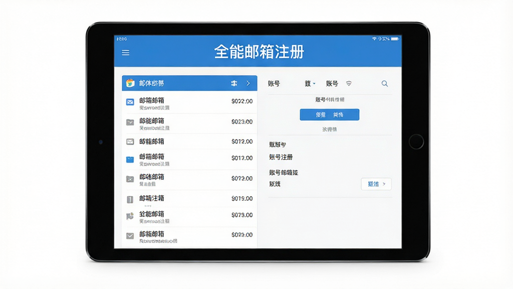 主体为一部平板电脑,屏幕显示“全能邮箱注册”的账号管理界面,左侧是邮箱列表,右侧是账号详情,界面设计扁平化,色彩以白色和蓝色为主,布局整齐,细节清晰,画质干净,无多余元素