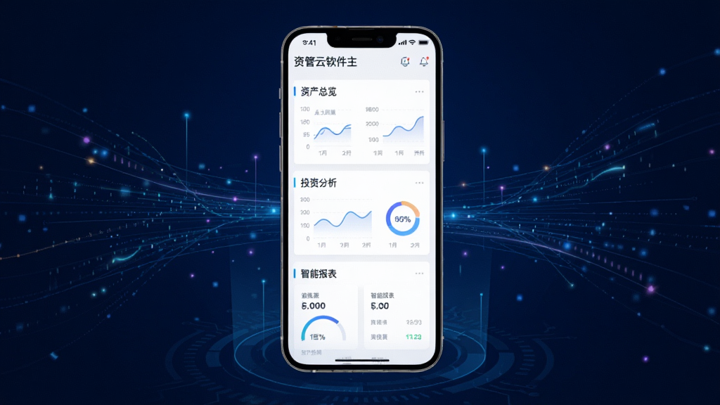展示资管云软件主界面,界面包含资产总览、投资分析、智能报表等模块,背景为深蓝色科技感,手机屏幕居中,周围有数据流动线条,整体风格现代简约,UI界面清晰,画质高清,干净无多余元素