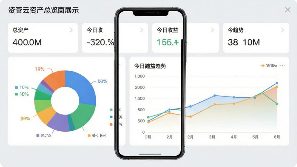 资管云资产总览界面展示,饼状图和趋势图清晰可见,包含“总资产”、“今日收益”等数据卡片,背景为浅灰色商务风格,手机屏幕居中,图表色彩鲜明,整体排版整洁,画质高清,干净无多余元素