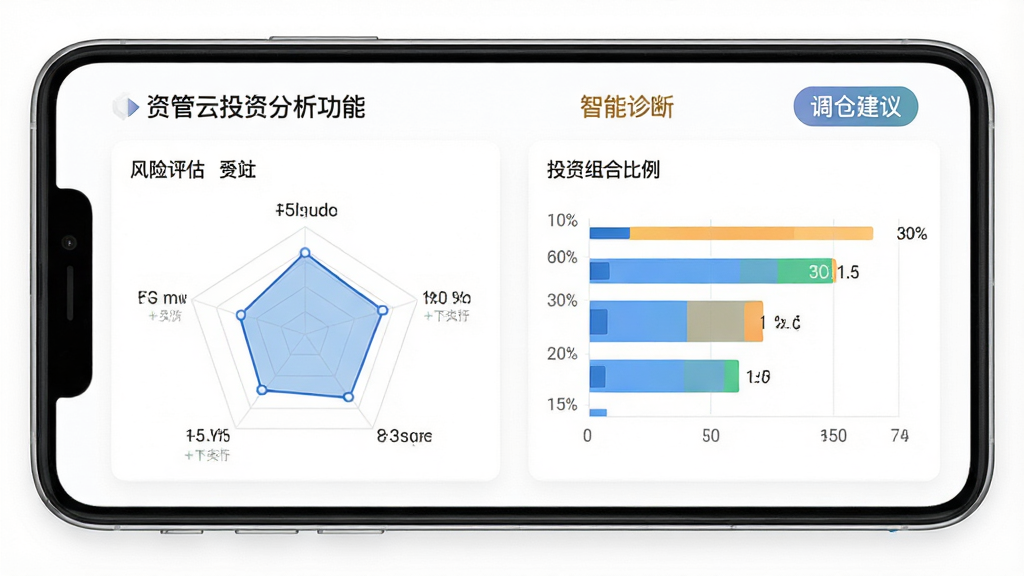 资管云投资分析功能页面,展示风险评估雷达图和投资组合比例条,背景为白色简洁风格,手机界面清晰,有“智能诊断”“调仓建议”标签,整体专业感强,画质高清,干净无多余元素