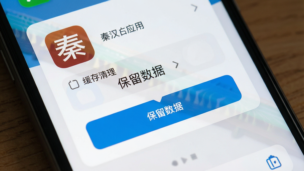 一张显示秦汉古筝应用在手机后台运行时的清理界面,主体为手机屏幕上的应用卡片与清理按钮,布局为上下结构,上方为应用图标与名称,下方为缓存清理提示,排版简洁,风格为扁平化UI设计,细节突出“保留数据”选项,画质清晰干净,无多余元素