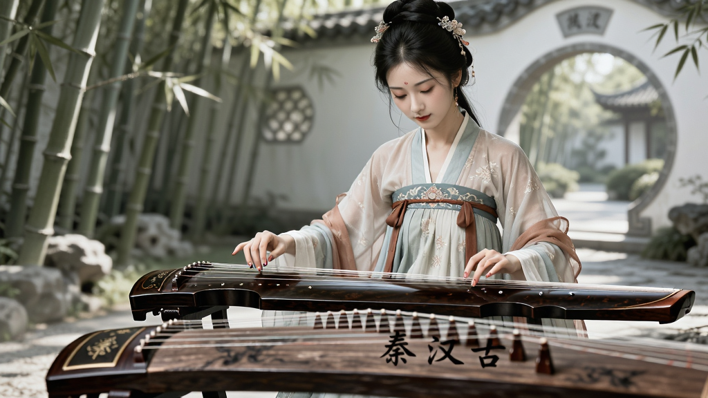 主体为一位身着汉服的优雅女子端坐在古色古香的庭院中,低头抚琴,琴身标注“秦汉古筝”四字,布局采用居中构图,前景为古筝特写,背景虚化的竹林与月亮门,排版留白得当,画风为细腻的国风水墨插画,细节描绘琴弦与指尖动作,画质高清通透,干净无多余元素