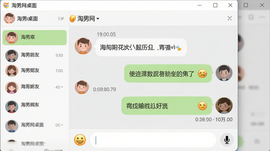 主体:淘男网桌面软件的聊天窗口特写,展示两人对话气泡,包含文字和表情消息。布局:聊天窗口占据屏幕中央,左侧显示好友列表,底部输入框带有表情和语音图标。排版:消息气泡左右分明,头像圆润,时间戳清晰。风格:温馨可爱,背景为浅灰色,气泡为白色和淡绿色。细节:窗口顶部显示“淘男网桌面”和好友昵称,界面干净无多余元素。画质:高清,柔和,无多余元素。