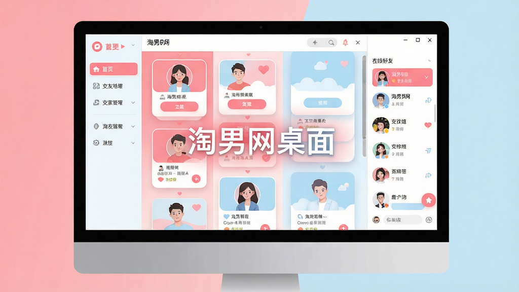 主体:淘男网桌面软件主界面展示,电脑屏幕中显示交友卡片流与聊天窗口,界面清爽时尚。布局:左侧功能导航栏,中部卡片瀑布流,右侧在线好友列表,整体均衡有序。排版:扁平化设计,卡片圆角,头像清晰,按钮醒目。风格:现代简约,色彩明亮温暖,以粉色和淡蓝为主色调。细节:屏幕中央有“淘男网桌面”字样,界面元素干净利落。画质:高清渲染,细腻光滑,干净无多余元素。