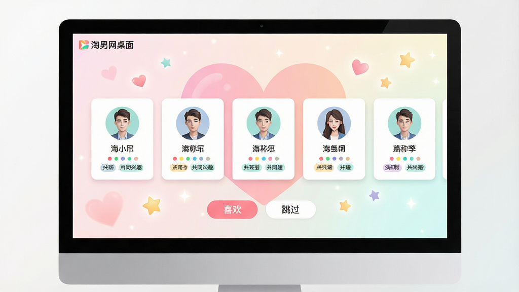 主体:淘男网桌面软件在电脑屏幕上的智能推荐页面,显示多个用户卡片,每个卡片有头像、昵称和共同兴趣标签。布局:屏幕居中展示推荐卡片,背景有淡淡的爱心和星星点缀,底部有“喜欢”和“跳过”按钮。排版:卡片横向排列,头像圆形,标签用彩色小圆点显示。风格:清新活泼,色彩柔和,光效明亮。细节:屏幕左上角显示“淘男网桌面”Logo,界面无多余元素。画质:高清,干净,无多余元素。