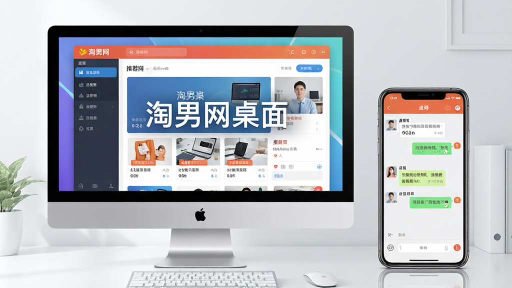 主体:电脑和手机并排展示淘男网桌面软件界面,体现多端同步使用场景。布局:左侧为台式机显示器,右侧为智能手机,屏幕中均显示软件主界面,背景为简洁的桌面环境。排版:设备居中,屏幕内容清晰可见,有“淘男网桌面”字样。风格:现代科技感,光线明亮,色调清爽。细节:手机屏幕显示聊天界面,电脑屏幕显示推荐页,整体和谐。画质:超清,干净,无多余元素。