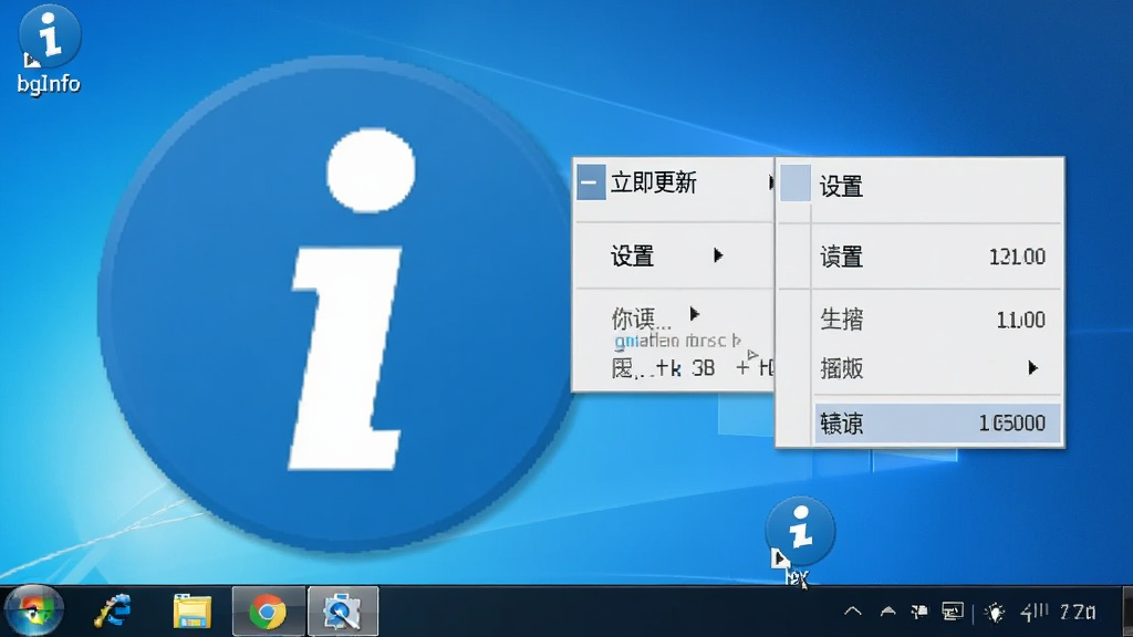 BgInfo系统托盘图标放大图,图标为蓝色圆形带白色字母“i”,旁边有右键菜单展开,显示“立即更新”、“设置”等选项,背景为Windows任务栏,画质干净