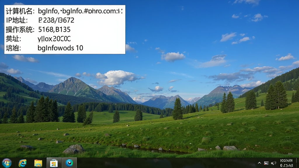 BgInfo运行在Windows 10桌面上的效果图,壁纸为风景图片,左上角显示白底黑字的信息框,内容包括“计算机名”、“IP地址”、“操作系统”等,排版整齐,画质清晰,无多余元素